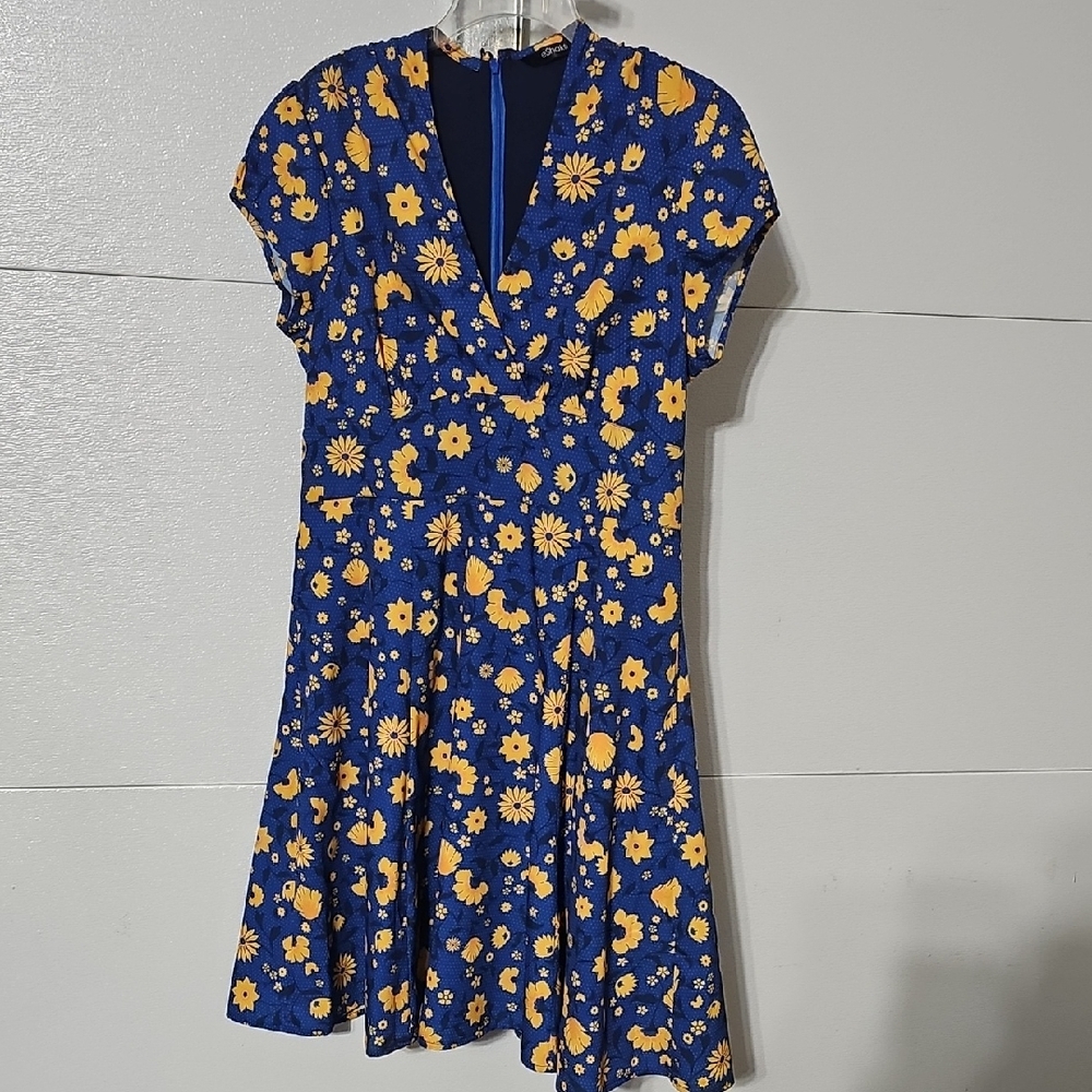 eShakti Blue and Yellow Floral Mini Dress